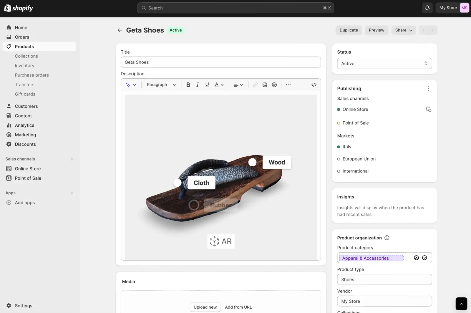 3DtoMe embed code on Shopify preview