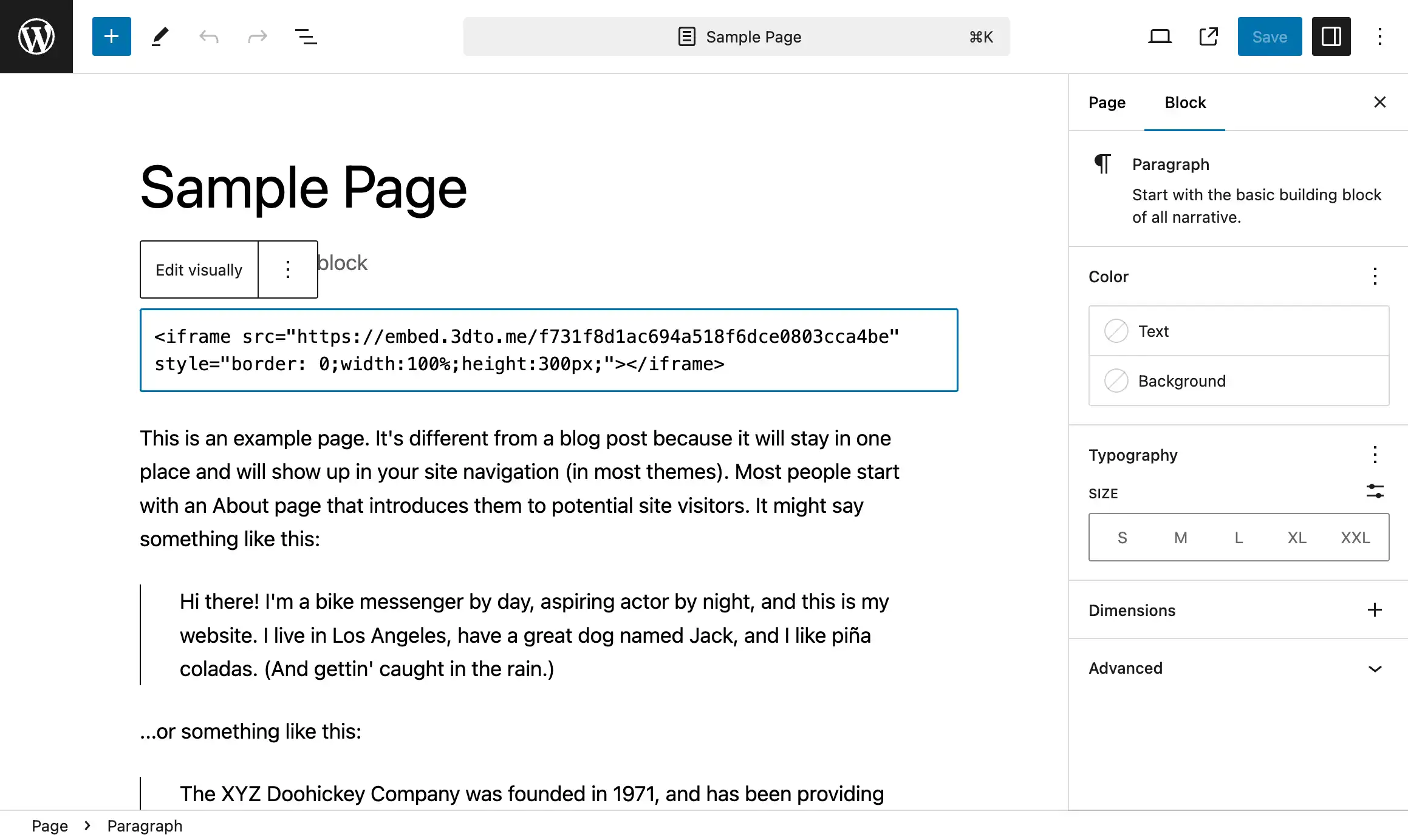 3DtoMe embed code on Wordpress or WooCommerce editor