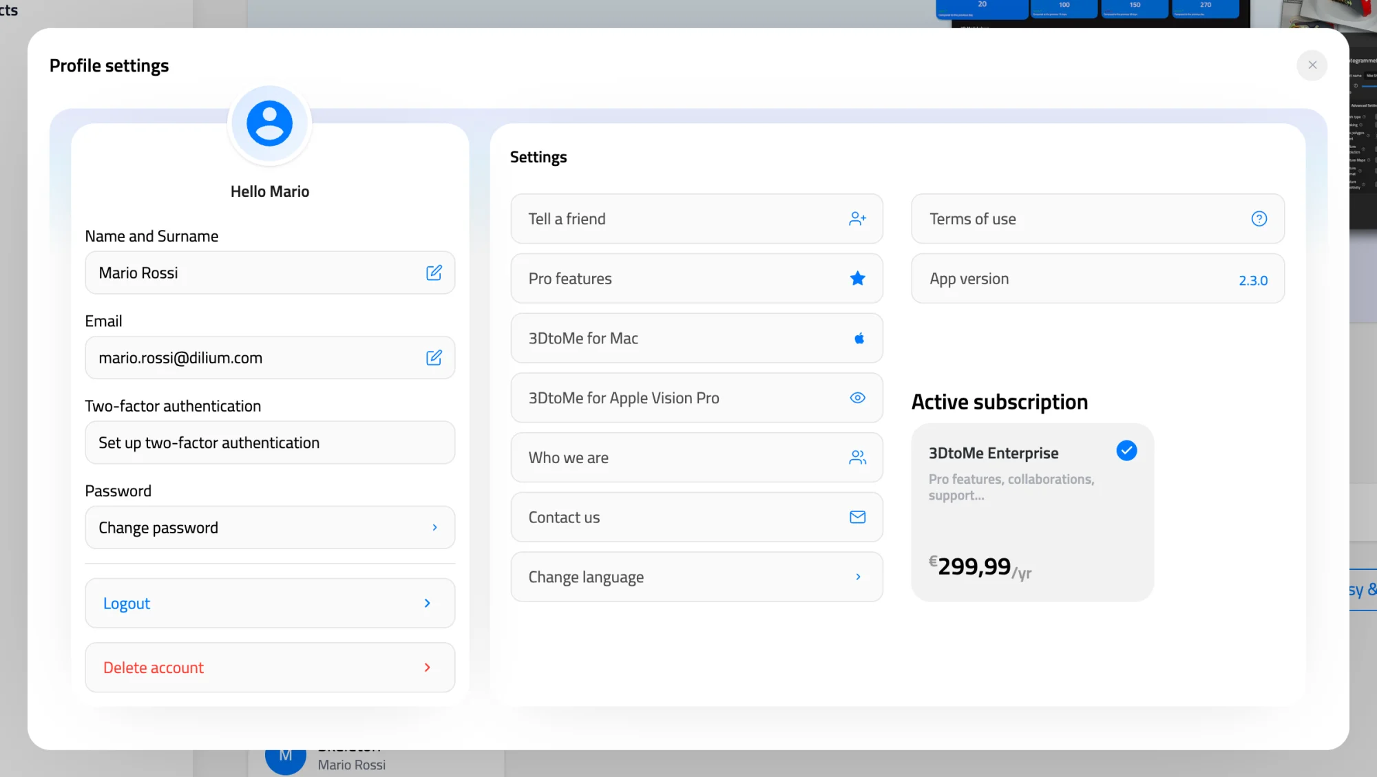 Profile settings window in the 3DtoMe web viewer, with name, email, two-factor authentication, password, the Settings list and the active subscription