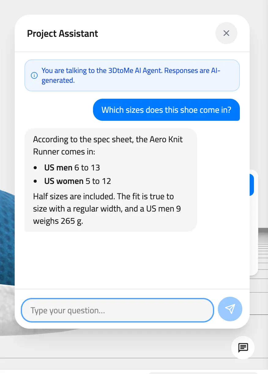 Project Assistant panel above the chat button, with the AI notice, a question about shoe sizes and an answer taken from the spec sheet.