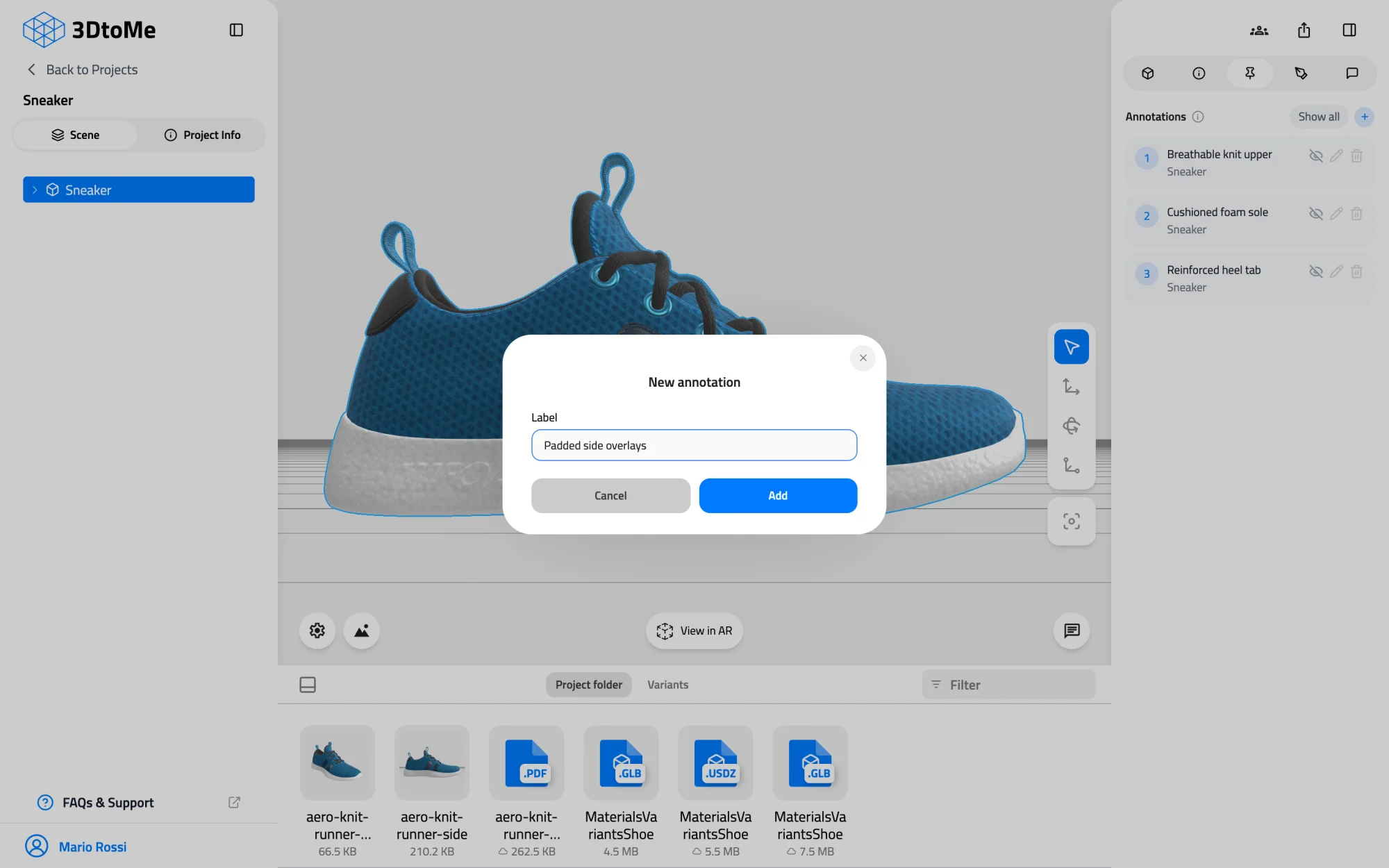 New annotation window over the sneaker model, with a label typed in and the Cancel and Add buttons.