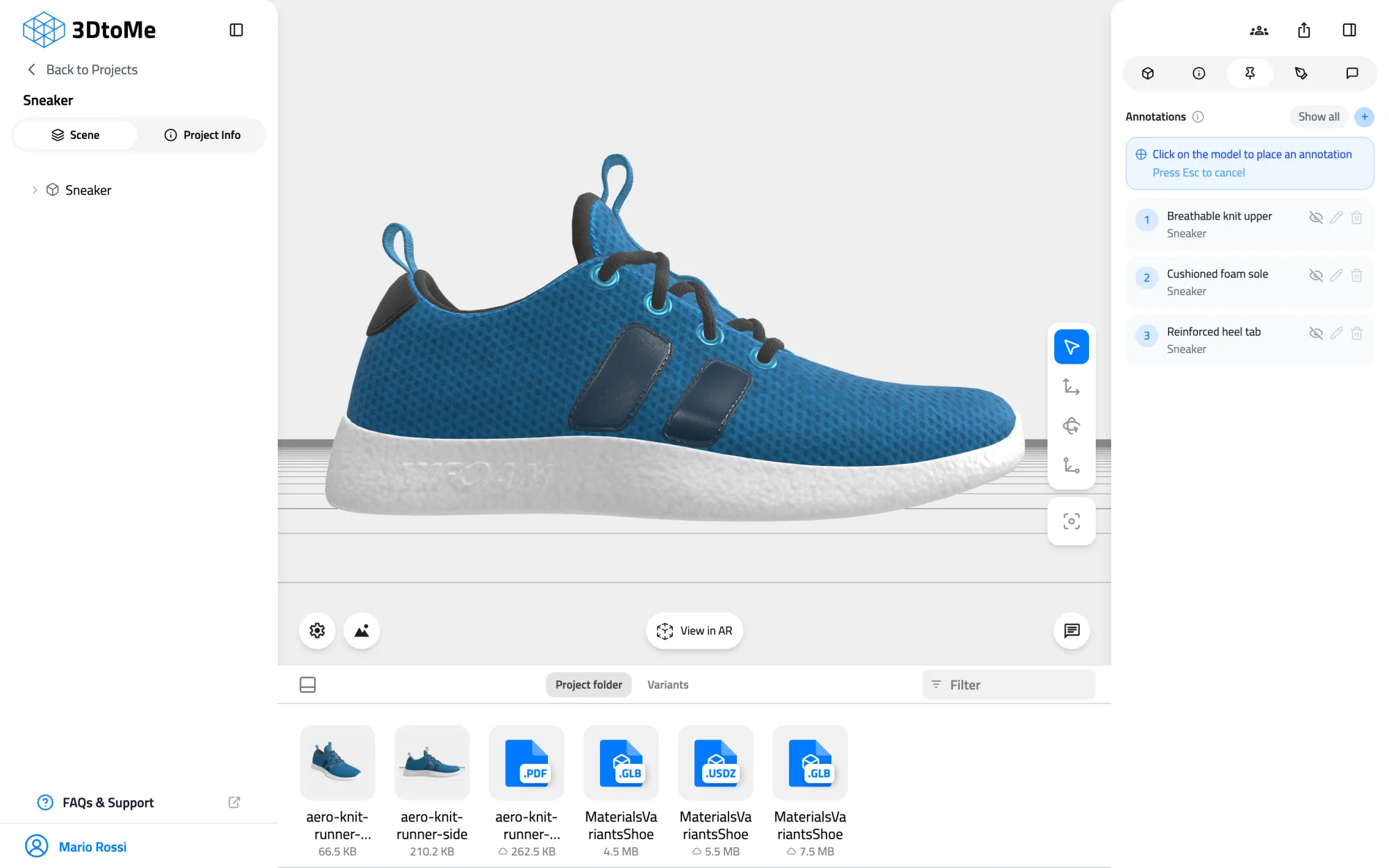 Web viewer with a sneaker model. The Annotations tab in the right panel shows the placement hint above three existing annotations.