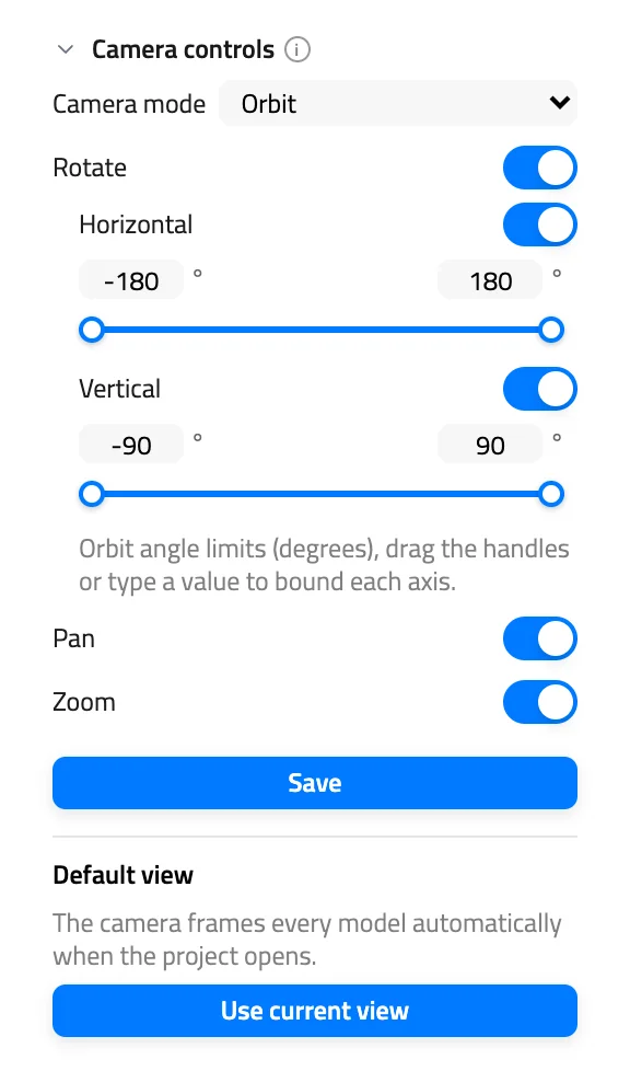 Camera controls section of the Project Info tab with Camera mode, Rotate with Horizontal and Vertical sliders, Pan, Zoom, Save and Default view