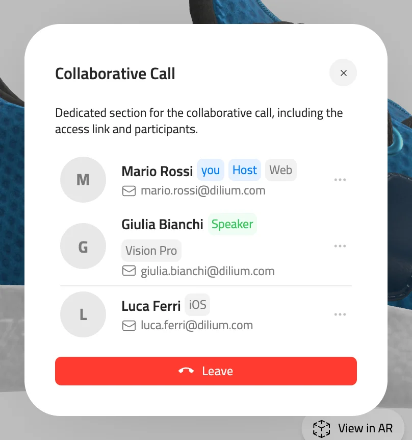 Collaborative Call window during a call with three participants. Badges show you, Host and Web for the first person, Speaker and Vision Pro for the second, and iOS for the third.