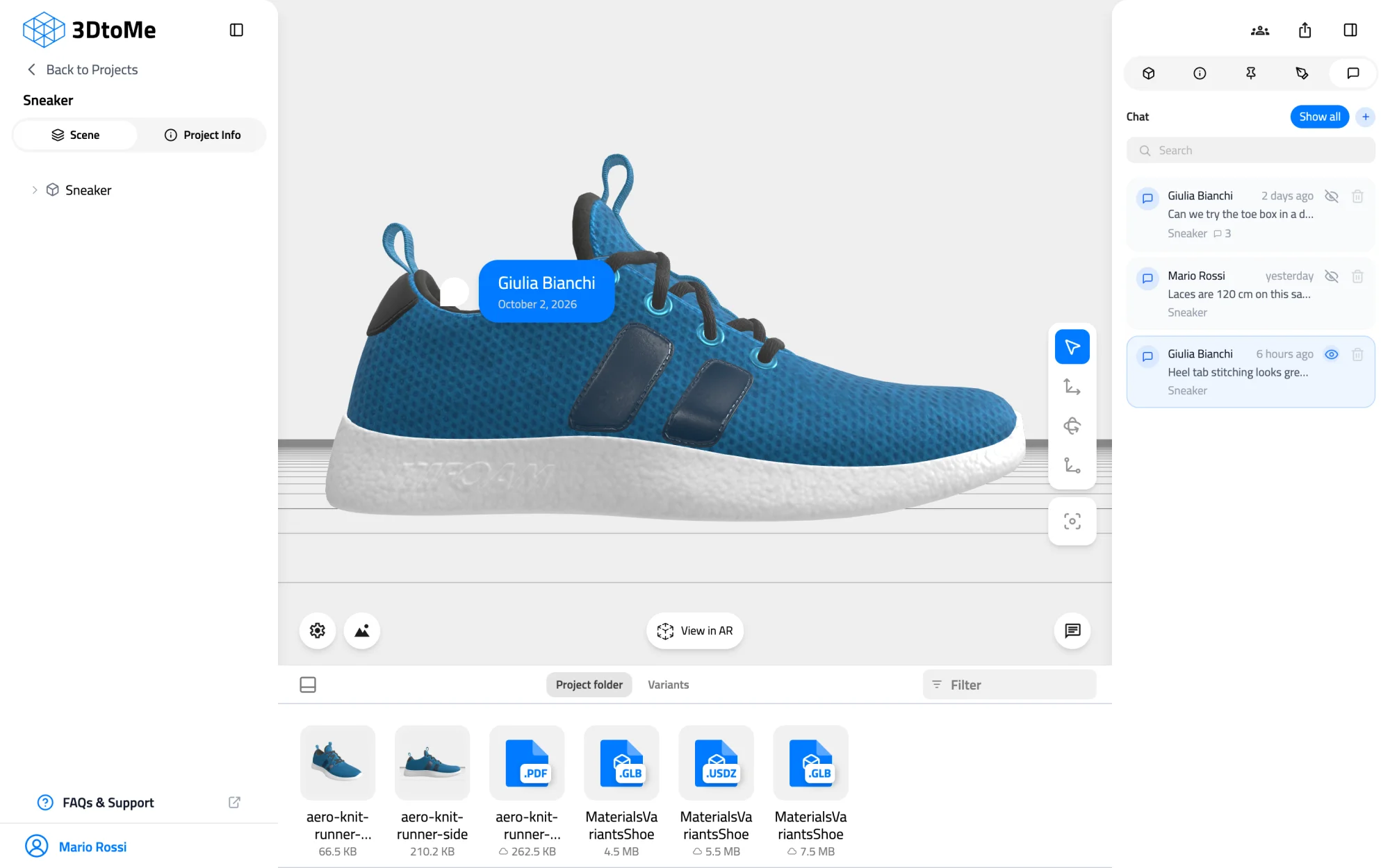 Comments tab in the right panel, titled Chat, with three comments from two people. One comment marker with the author name shows on the heel of the sneaker.
