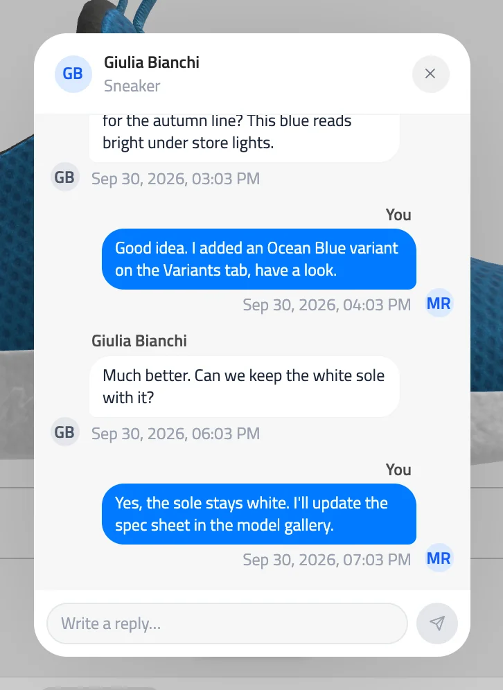 Comment thread window with the original comment, three replies from two people, and the reply box with the send button.