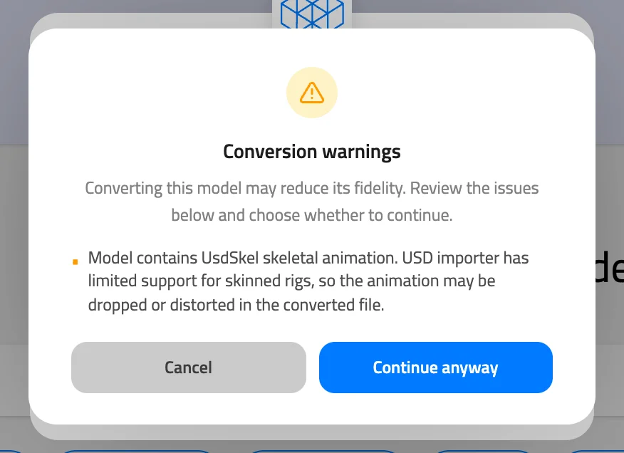 Conversion warnings dialog listing a skeletal animation issue, with the Cancel and Continue anyway buttons