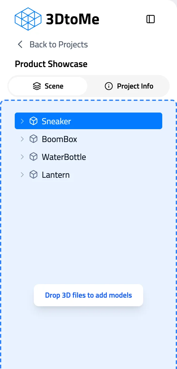 Scene tab turned blue with the message Drop 3D files to add models while files are dragged over it