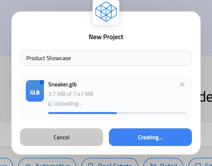 New Project window uploading Sneaker.glb for the Product Showcase project, with the progress bar half full
