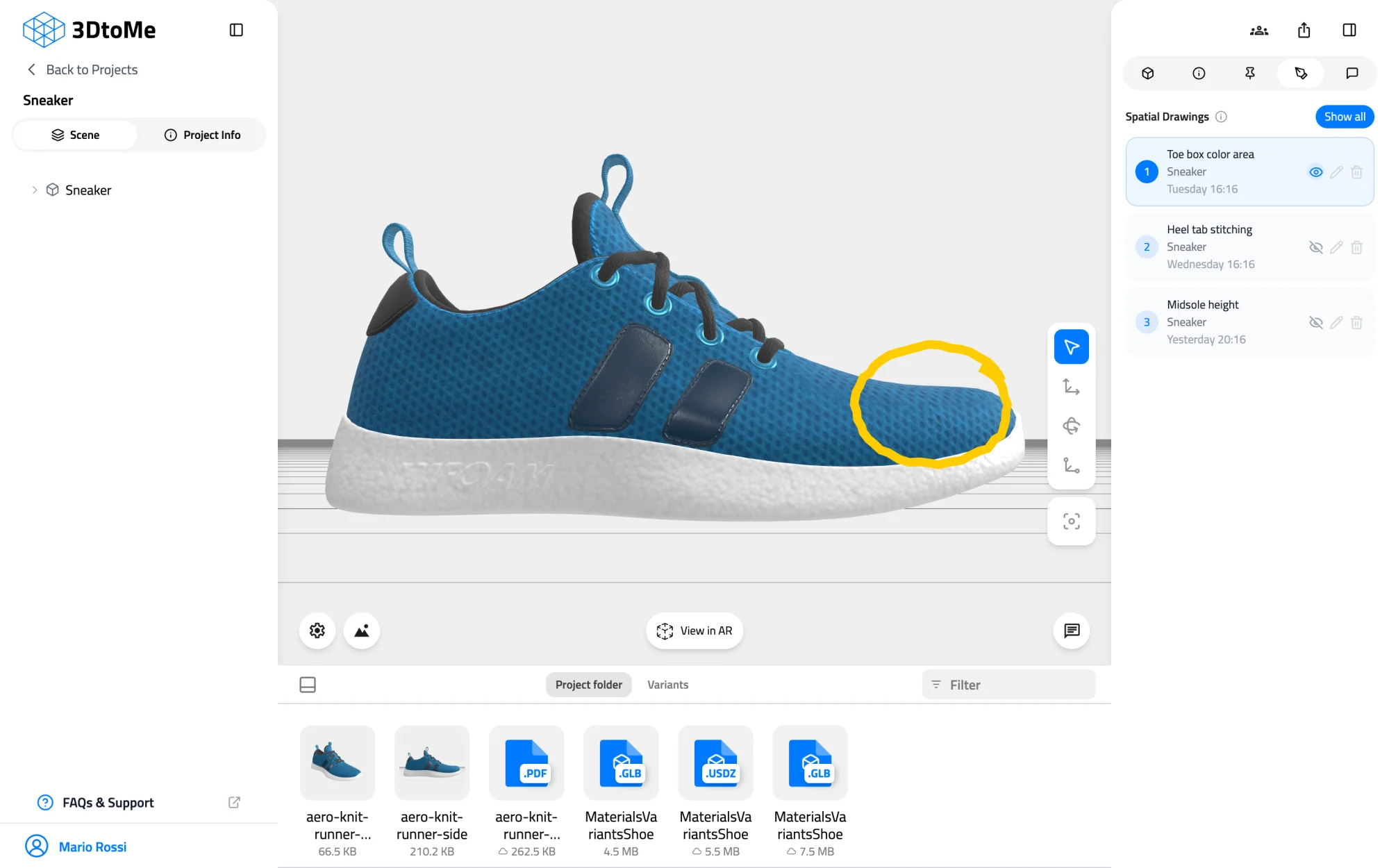 Spatial Drawings tab in the right panel with three drawings. The first one is visible on the model as a yellow loop around the toe of the sneaker.