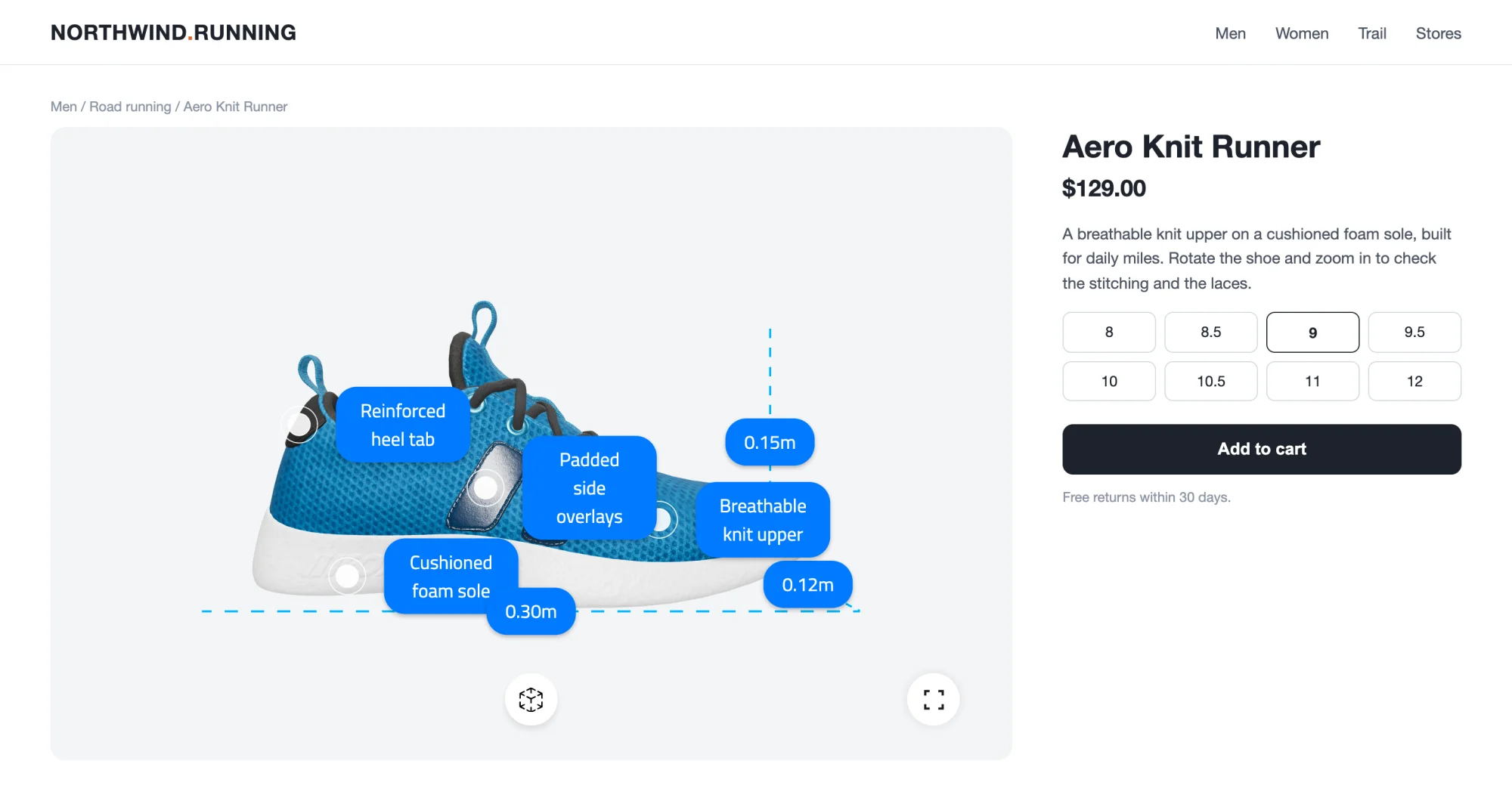 A 3D sneaker embedded in a store's product page, with annotations, dimensions, and the View in AR and fullscreen buttons