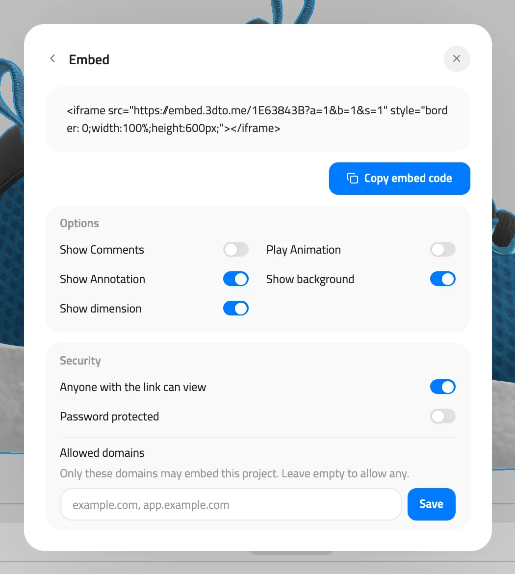 Share window Embed step with the iframe code, the Copy embed code button, Options and Security with Allowed domains