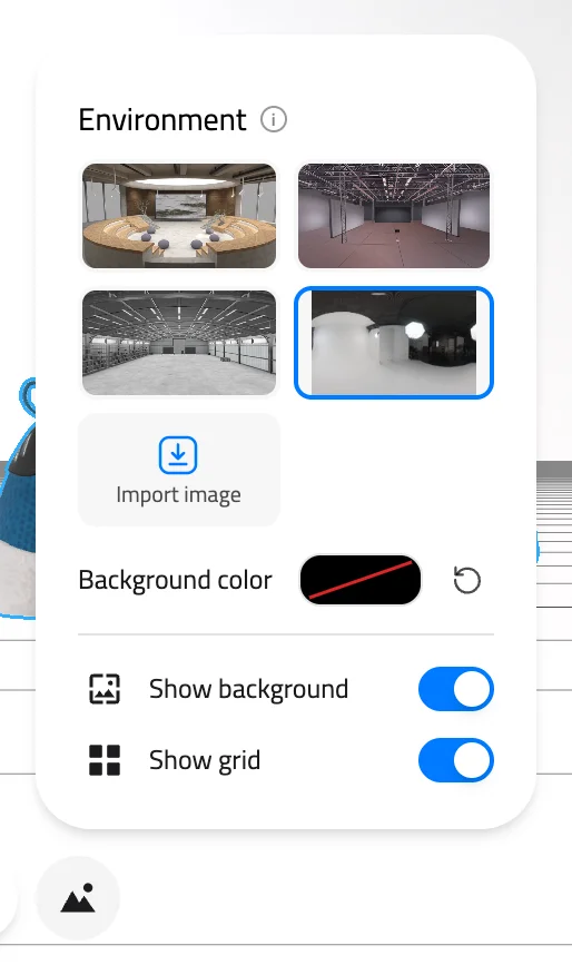 Environment popup with three environments, an imported studio image, the Import image tile, the Background color row and the Show background and Show grid switches
