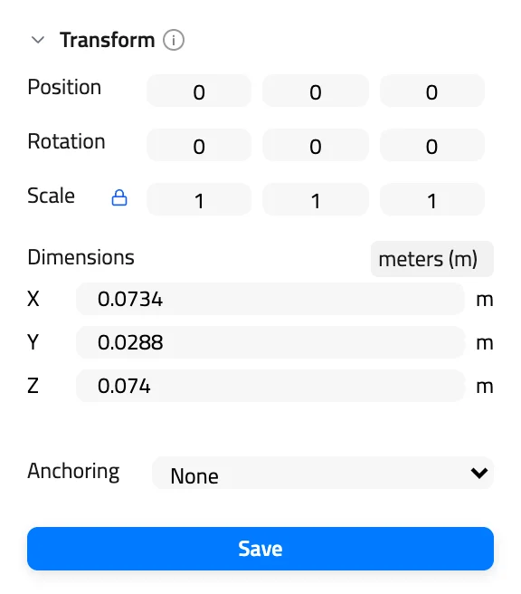 Model tab Transform group with Position, Rotation and Scale fields, the uniform scale padlock, Dimensions, Anchoring and the Save button