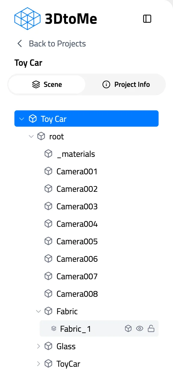 Scene tab with the Toy Car model expanded and the wireframe, eye and lock buttons showing on the hovered Fabric_1 part