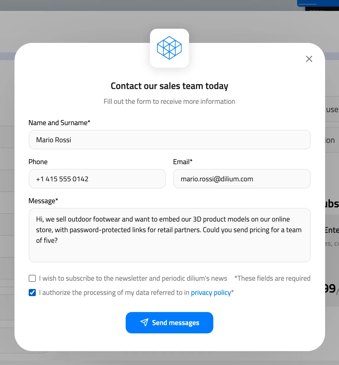 Contact our sales team today form with Name and Surname, Phone, Email, Message and the privacy checkbox ticked
