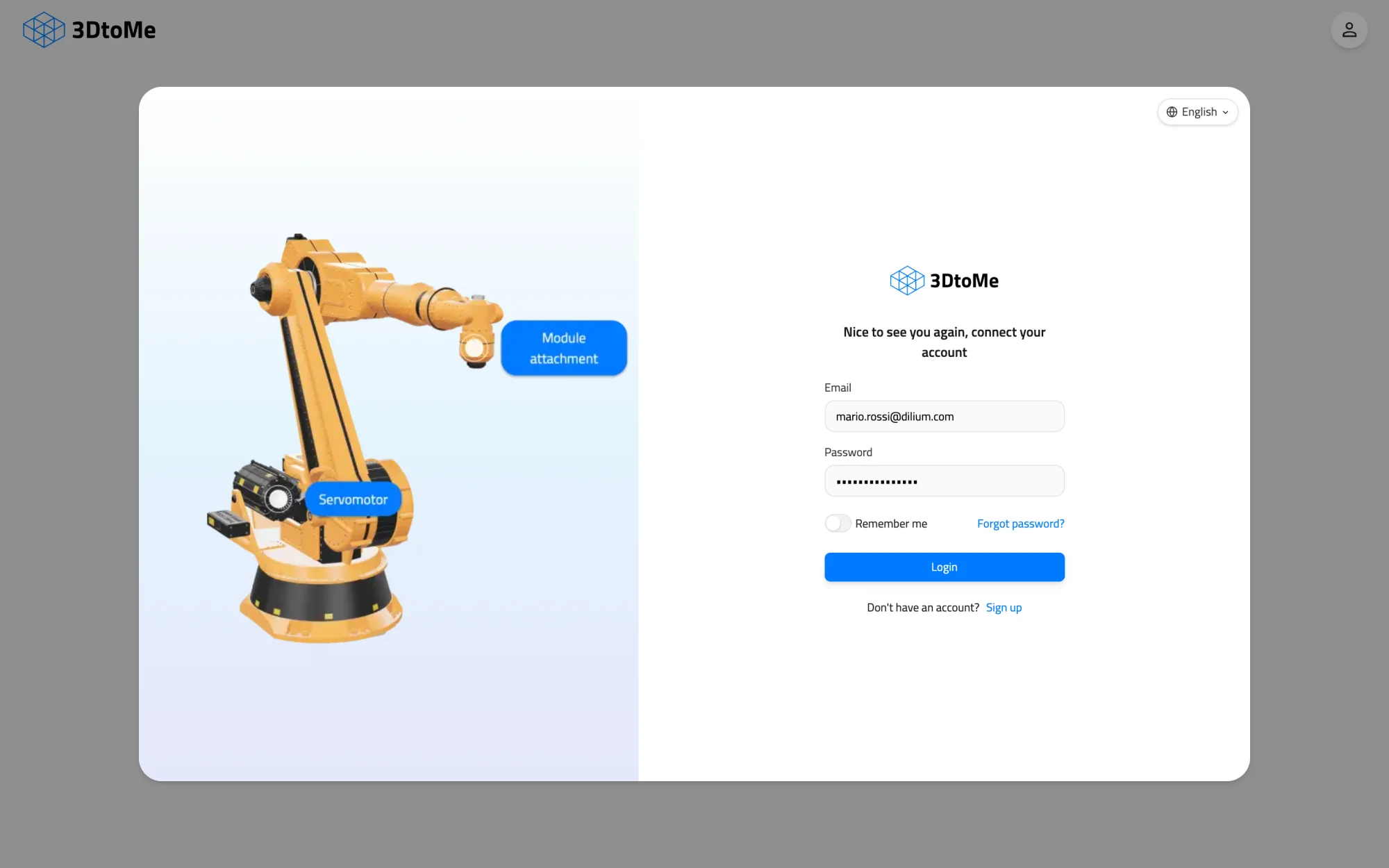 3DtoMe web viewer login window with Email and Password filled in, Remember me, Forgot password? and Sign up