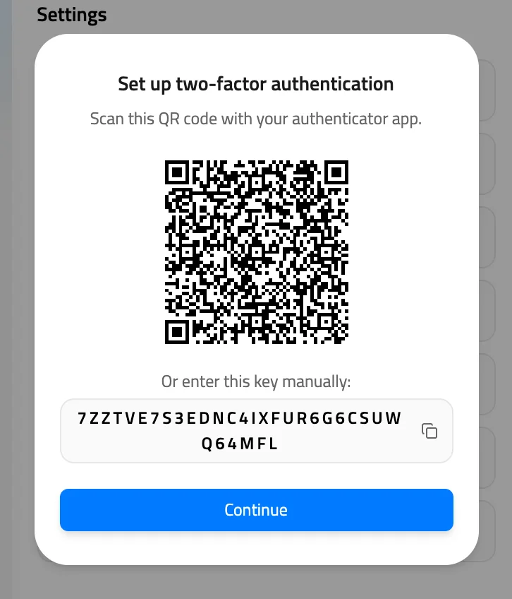 Set up two-factor authentication window with the QR code, the key to enter manually and the Continue button
