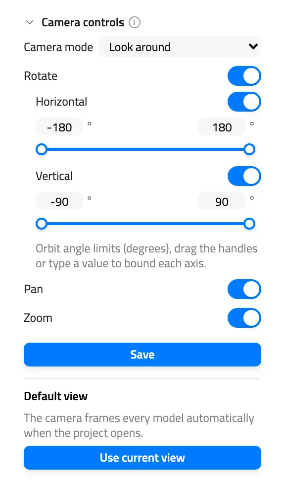 Camera controls section of the Project Info tab with Camera mode set to Look around