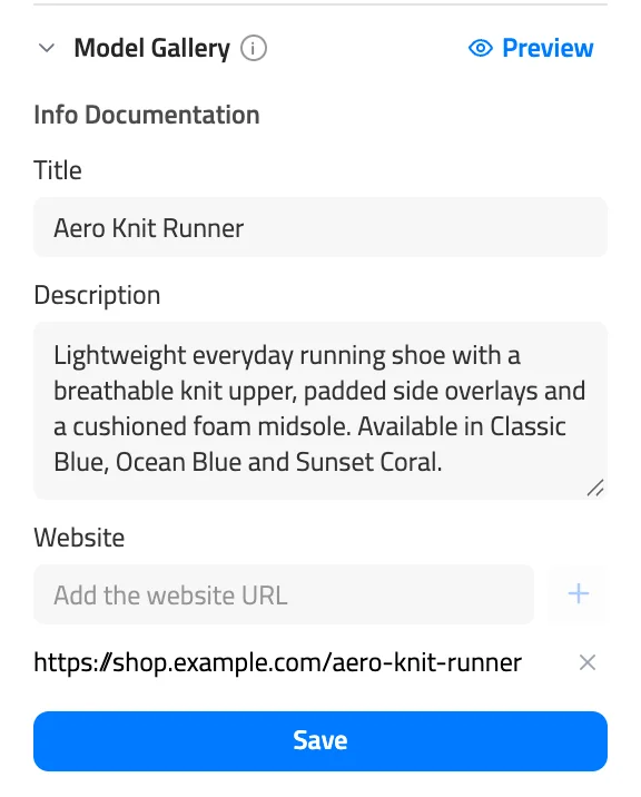 Model Gallery section of the Model tab with Info Documentation filled in: a title, a description, one website link, and the Save button.