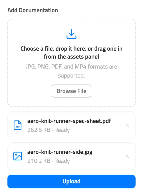 Add Documentation drop zone with a PDF spec sheet and a JPG image in the queue, both marked Ready, and the Upload button below.