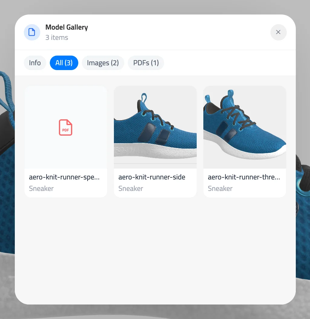 Model Gallery window on the All tab with three items: a PDF spec sheet and two product images.