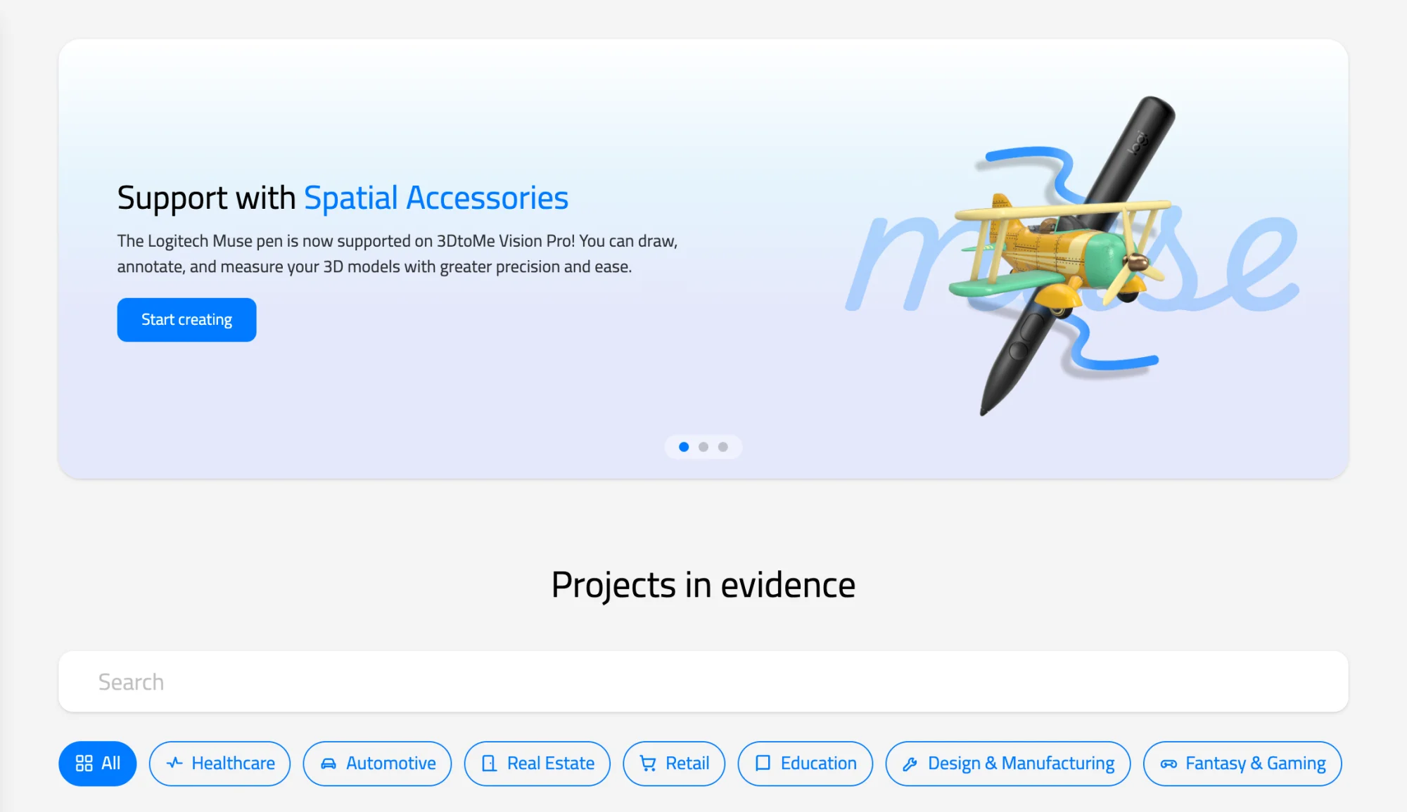 Explore section with the carousel, the Search box and the category buttons