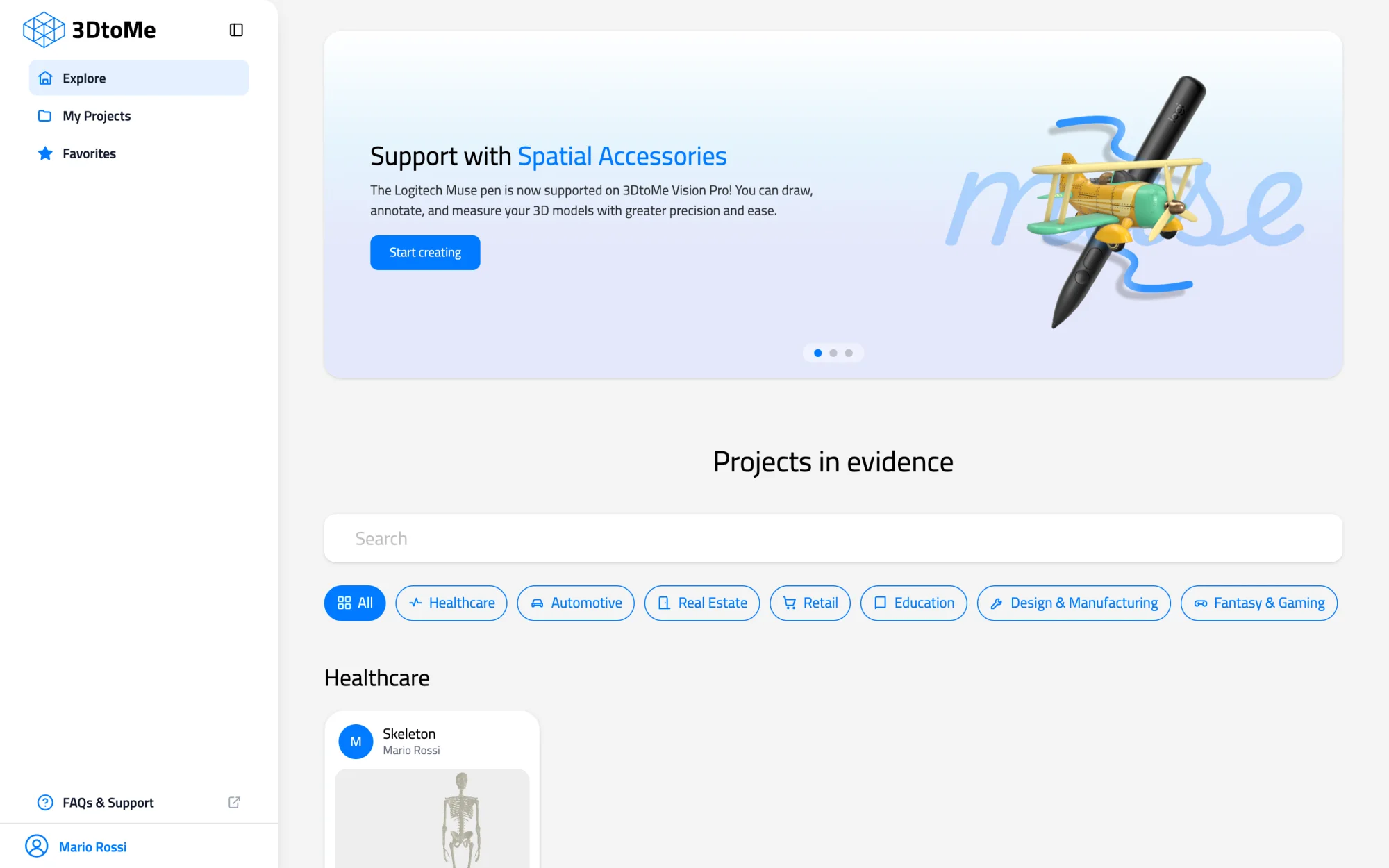Projects home with the left panel open on Explore, listing Explore, My Projects and Favorites