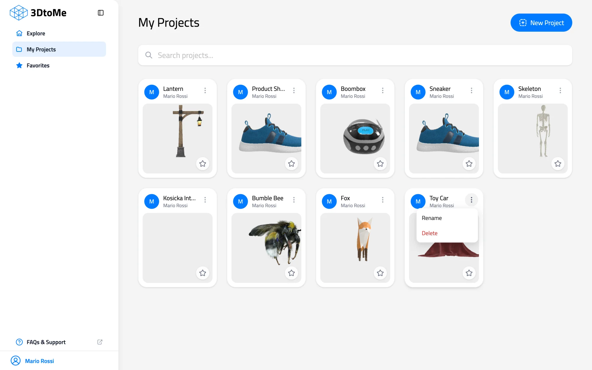 My Projects grid with the three-dot menu open on the Toy Car card, showing Rename and Delete