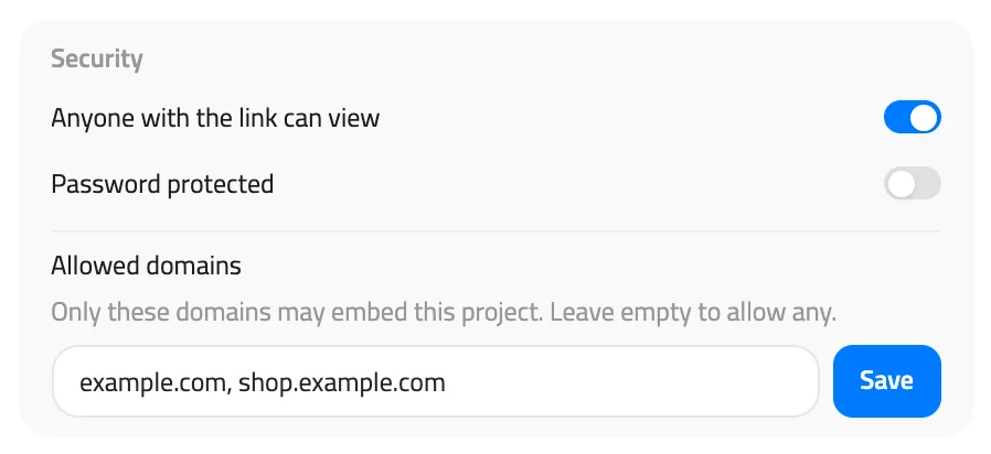 Security box with Allowed domains filled in with example.com and shop.example.com