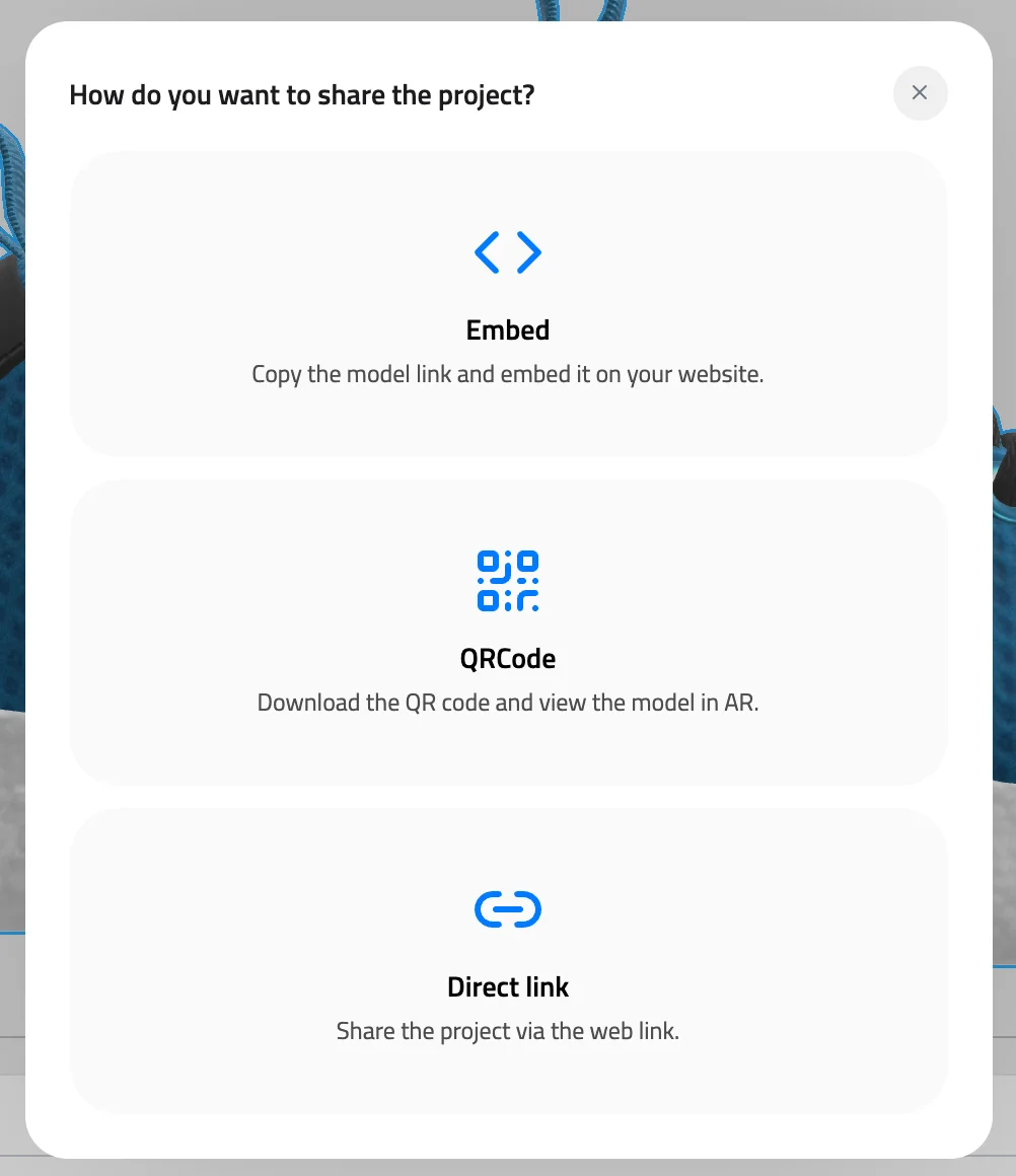 Share window asking how to share the project, with the Embed, QRCode and Direct link cards
