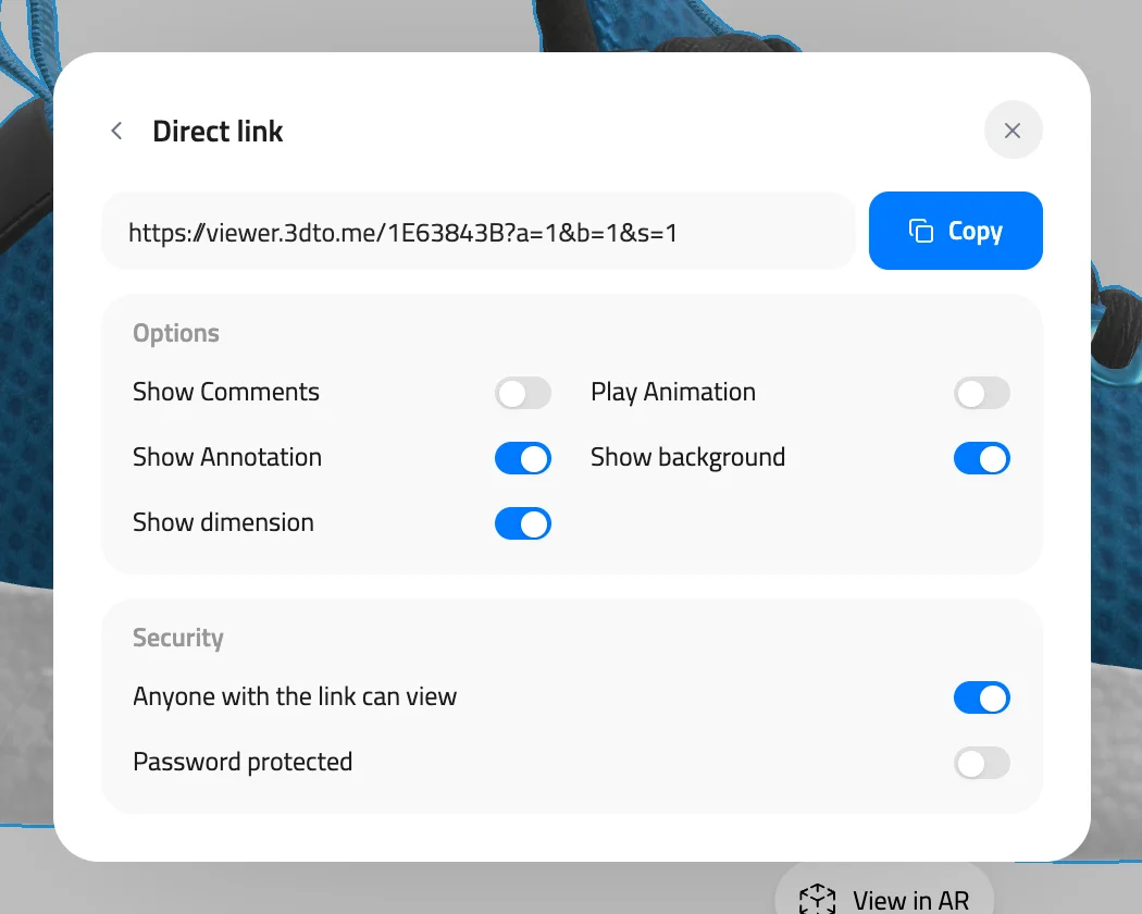 Share window Direct link step with the project link, the Copy button, Options and Security