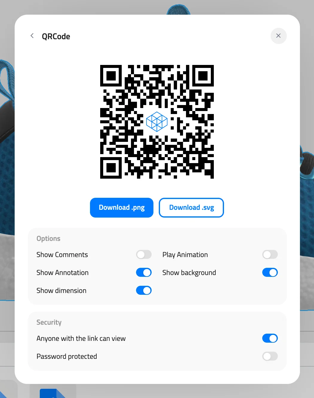 Share window QRCode step with the QR code, the Download .png and Download .svg buttons, Options and Security