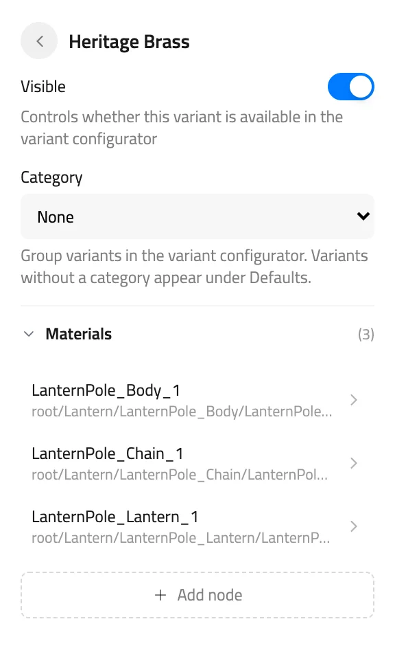 Configuration editor for Heritage Brass with three parts in the Materials list and the Add node button below.