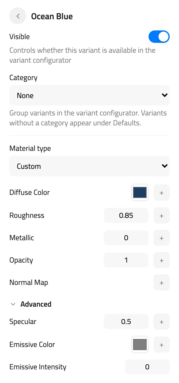 Material editor in the right panel for the Ocean Blue variant, with Material type set to Custom and the Advanced section open showing Specular, Emissive Color and Emissive Intensity.