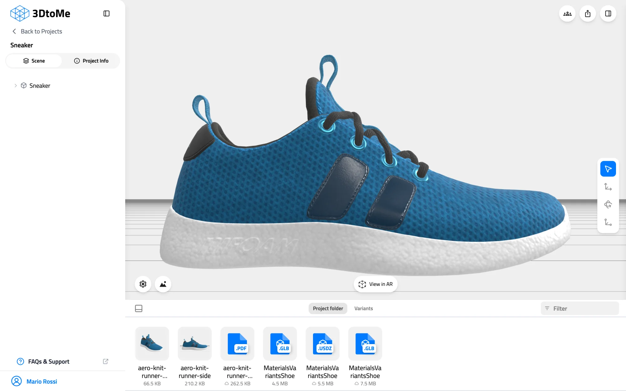 Web viewer with a sneaker model and the View in AR button at the bottom center of the 3D view.