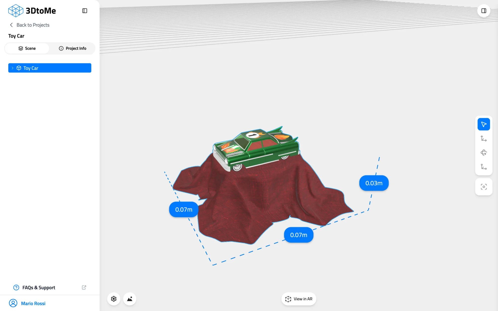 Toy Car with Show dimensions on, labeled 0.07 m, 0.07 m and 0.03 m along its three sides