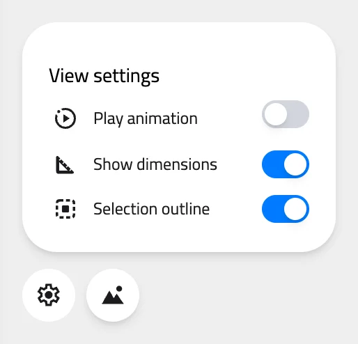 View settings popup above the Settings button, with the Play animation, Show dimensions and Selection outline switches
