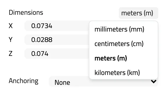 Dimensions section of the Model tab with the unit menu open on millimeters, centimeters, meters and kilometers