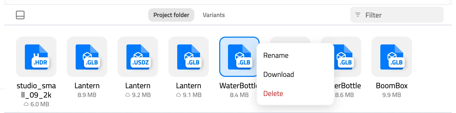 Assets panel on the Project folder tab, with WaterBottle.glb selected and its right-click menu showing Rename, Download and Delete