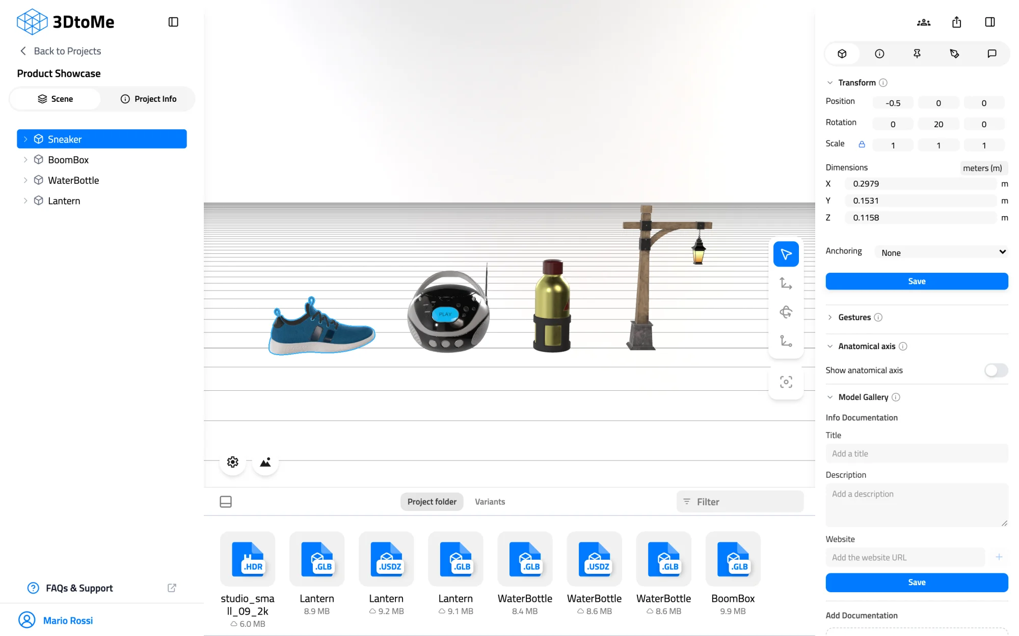 The Product Showcase project open in the web viewer, with the Scene tab on the left, the Model tab on the right and the Assets panel at the bottom